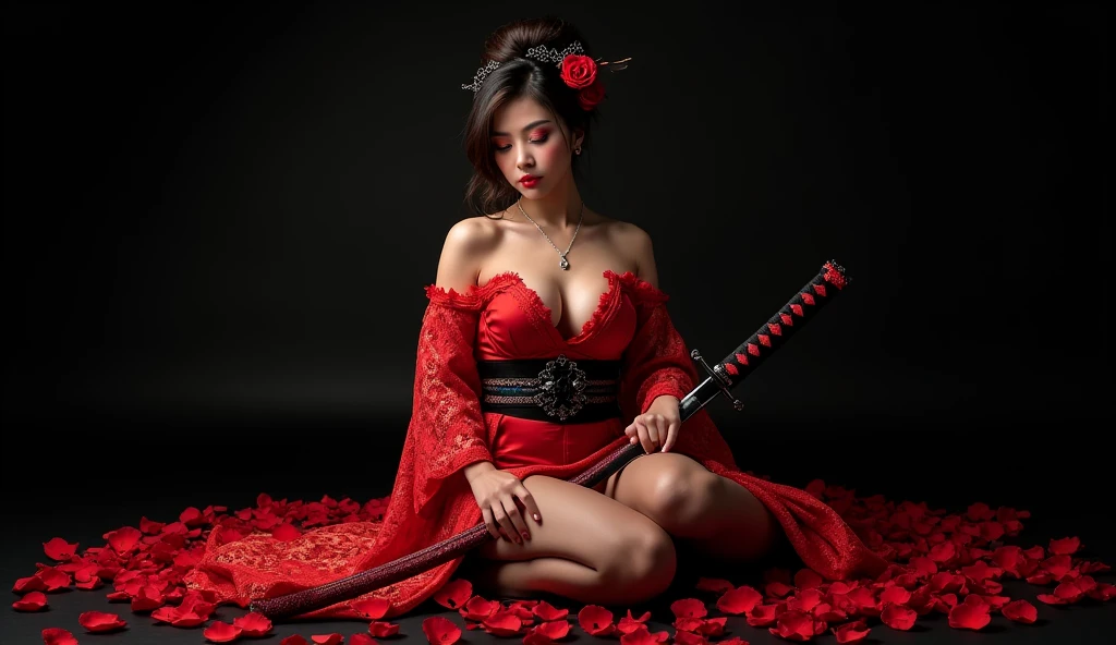Red kimono open shoulders open legs beautiful breasts stockings black background red rose petals lace samurai sword wind