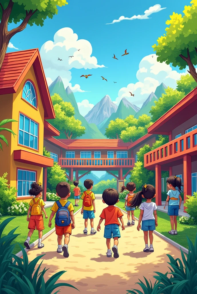Drawings of a school that demonstrate fun and learning 