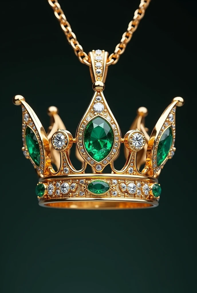 Pendant in the shape of a crown with an inlay of a piece of emerald and inlaid diamonds at the tips of the crown.