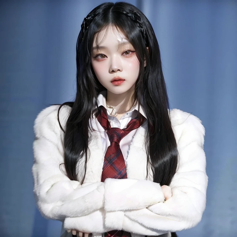 a close up of a woman wearing a tie and a shirt, blackpink jennie, korean girl, jaeyeon nam, portrait of female korean idol, cruel korean goth girl, asian girl with long hair, with long hair, japanese model, with long hair and piercing eyes, sui ishida with black hair, style of junji ito, jossi of blackpink,Face Korean, Korean Woman, Korean Fem, K-pop group, K-pop Aespa, Aespa, Winter, Winter Face, winter aespa, Winter, Winter k-pop