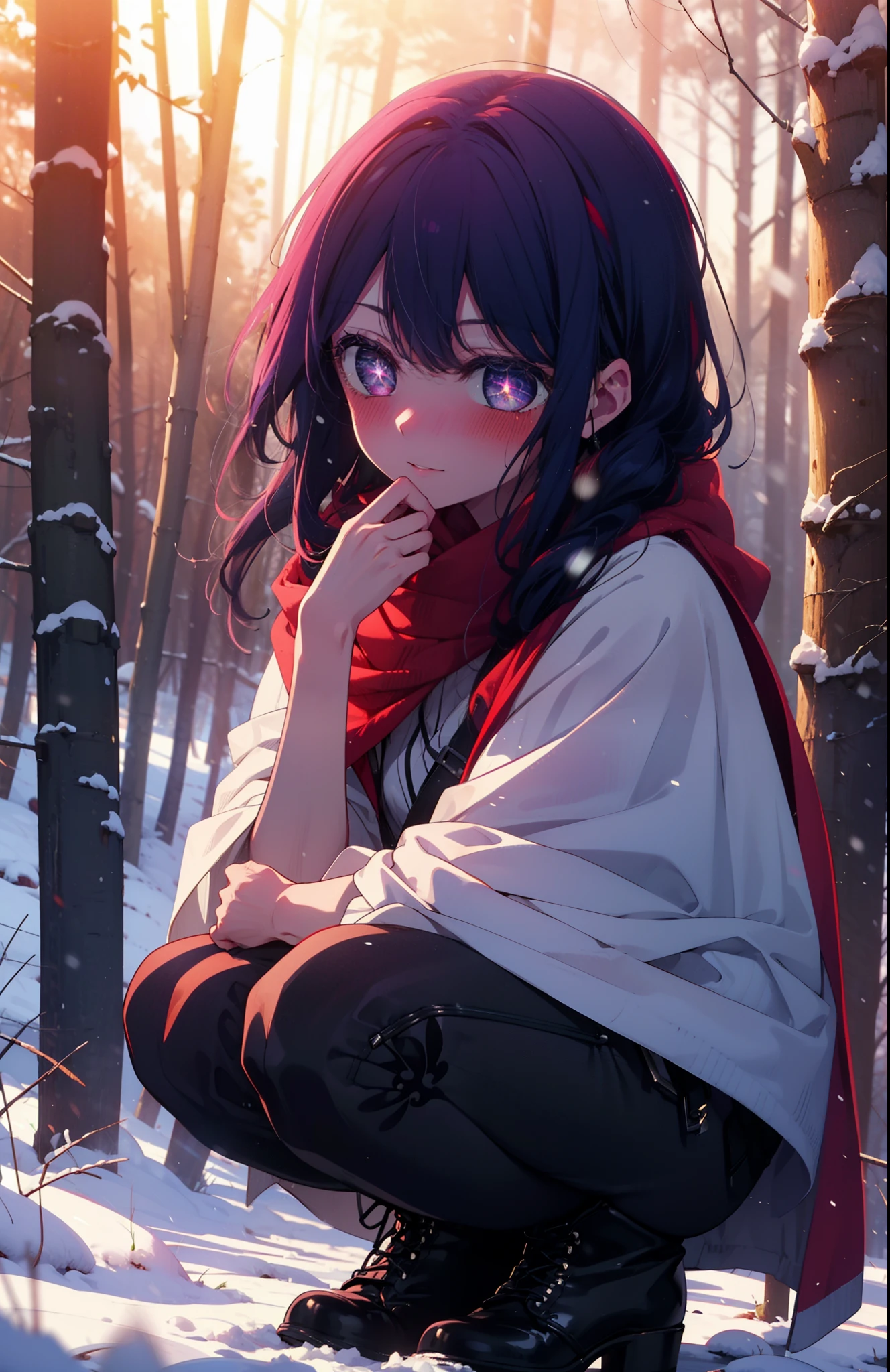 aihoshino, Ai Hoshino, Long Hair, bangs, (Purple eyes:1.1), Purple Hair, (Symbol-shaped pupil:1.5), smile,,smile,blush,white breath,
Open your mouth,snow,Ground bonfire, Outdoor, boots, snowing, From the side, wood, suitcase, Cape, Blurred, , forest, White handbag, nature, Squat, Mouth closed, Cape, winter, Written boundary depth, Black shoes, red Cape break looking at viewer, Upper Body, whole body, break Outdoor, forest, nature, break (masterpiece:1.2), Highest quality, High resolution, unity 8k wallpaper, (shape:0.8), (Beautiful and beautiful eyes:1.6), Highly detailed face, Perfect lighting, Extremely detailed CG, (Perfect hands, Perfect Anatomy),