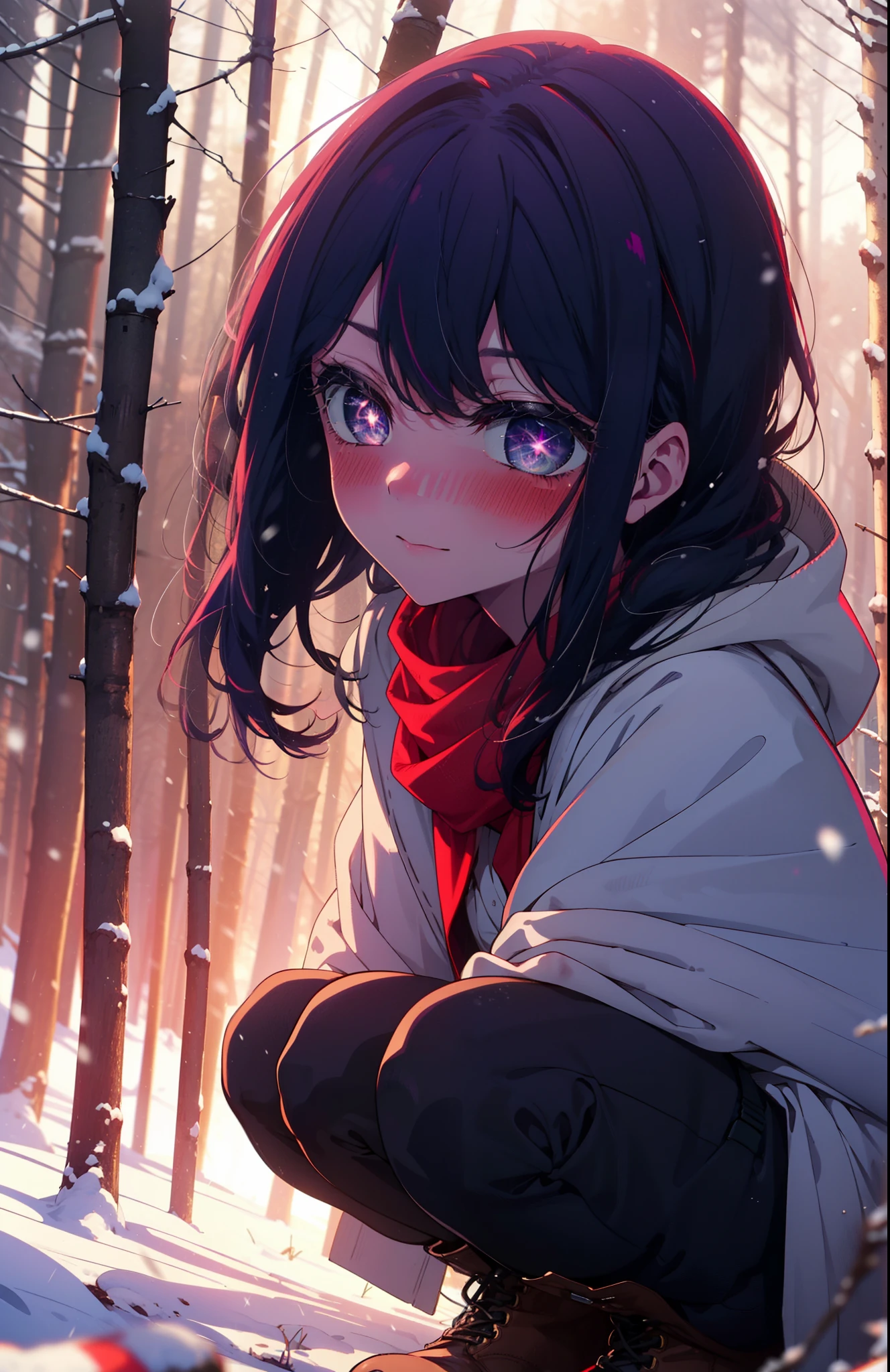 aihoshino, Ai Hoshino, Long Hair, bangs, (Purple eyes:1.1), Purple Hair, (Symbol-shaped pupil:1.5), smile,,smile,blush,white breath,
Open your mouth,snow,Ground bonfire, Outdoor, boots, snowing, From the side, wood, suitcase, Cape, Blurred, , forest, White handbag, nature,  Squat, Mouth closed, Cape, winter, Written boundary depth, Black shoes, red Cape break looking at viewer, Upper Body, whole body, break Outdoor, forest, nature, break (masterpiece:1.2), Highest quality, High resolution, unity 8k wallpaper, (shape:0.8), (Beautiful and beautiful eyes:1.6), Highly detailed face, Perfect lighting, Extremely detailed CG, (Perfect hands, Perfect Anatomy),