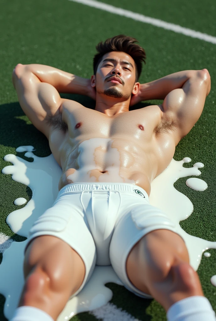 A very (WET) big cute muscular slightly chub young Japanese-Filipino ager adult guy with a tattoo, 26 years old (full body), light white pale skin tone, brown spiky hair, short beard, cute face, ASIAN MALE, big smooth bulging rounded pecs manboobs, hands at the back of his head, detailed face, HD, 8k, ultra high resolution, high quality, photorealistic, realistic, ultra detailed, oily body, lying down in the football field while spreading legs wide open, big torso body, ((covered in thick white milk in the chest)), wearing a white GREEN BAY PACKERS NFl football jersey suit outt and long white socks, huge penis, cock, no pants, naked crotch
