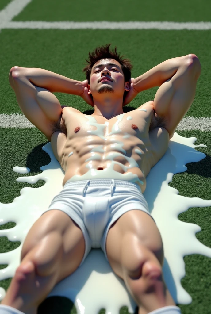 A very (WET) big cute muscular slightly chub young Japanese-Filipino ager adult guy with a tattoo, 26 years old (full body), light white pale skin tone, brown spiky hair, short beard, cute face, ASIAN MALE, big smooth bulging rounded pecs manboobs, hands at the back of his head, detailed face, HD, 8k, ultra high resolution, high quality, photorealistic, realistic, ultra detailed, oily body, lying down in the football field while spreading legs wide open, big torso body, ((covered in thick white milk in the chest)), wearing a white GREEN BAY PACKERS NFl football jersey suit outt and long white socks, huge penis, cock, no pants, naked crotch