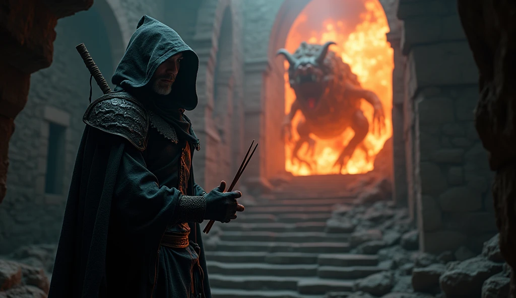 (Masterpiece:1.2), (best quality:1.2), 8D, HDR , very detailed, ((realistic)), professional lighting, movie light, Fashion Photography, Ambient lighting, background, Dark medieval dungeon, darkness, epiCPhoto, electricity, stairs, Thief in cloth armor, Hold chopsticks in your hand. Hellbound howl , Body flame hell dog on background