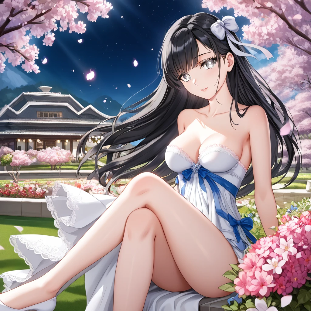 (:1.5),Lace,Ribbon,(masterpiece, Side Light, Delicate beautiful gray eyes: 1.2), Medium breasts, Practical, Glowing eyes,Shiny hair,Black Hair,long hair, Glowing skin, Solitary, Awkward,Strapless,Beautifully,beautiful,garden,Flowers,Flying petals, bare legs, Cherry blossoms, Movie Lighting, Film composition, Rich expression