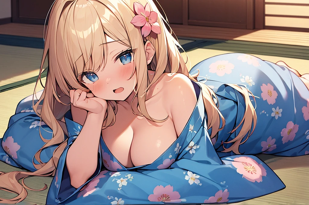 (Masterpiece, Top quality:1.5), nsfw, (dynamic angle:1.2), (1 beautiful girl, solo:1.2), (lie on tatami:1.2), Blonde, medium Hair, wavy Hair, asymmetry bangs, swept bangs, airy hair, large breasts:1.2, , (flower printed blue yukata :1.3), shy:1.1, (blush:1.4), beautiful scene of indoor, arms up:1.2, open mouth