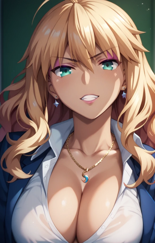 Artoria pendragon,Gyaru,Glossy lios,eyeshadow,Detailed face,long wavy hair,Cleavage