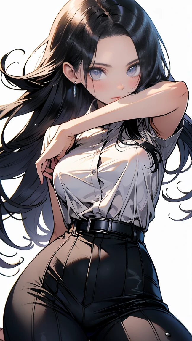 black negligee, black panties, thong, collarbone, masterpiece, best quality, highres, dark person, watercolor painting theme, (looking at viewer: 1.1), wide hips, large, tojou koneko, yellow eyes, black hair, long hair, cat ears, striped shirt, black ribbon around neck, erotic