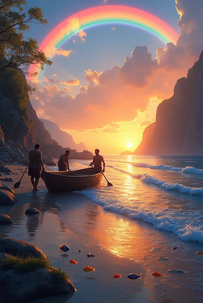 Fishermen beach boat sunset rainbow fish