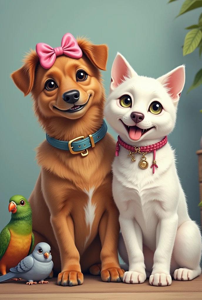 Group of 3 dogs: one of house care, a rocker dog, a hip hop style dog, a white cat with a pink bow on her head, a green parrot and a grey dove