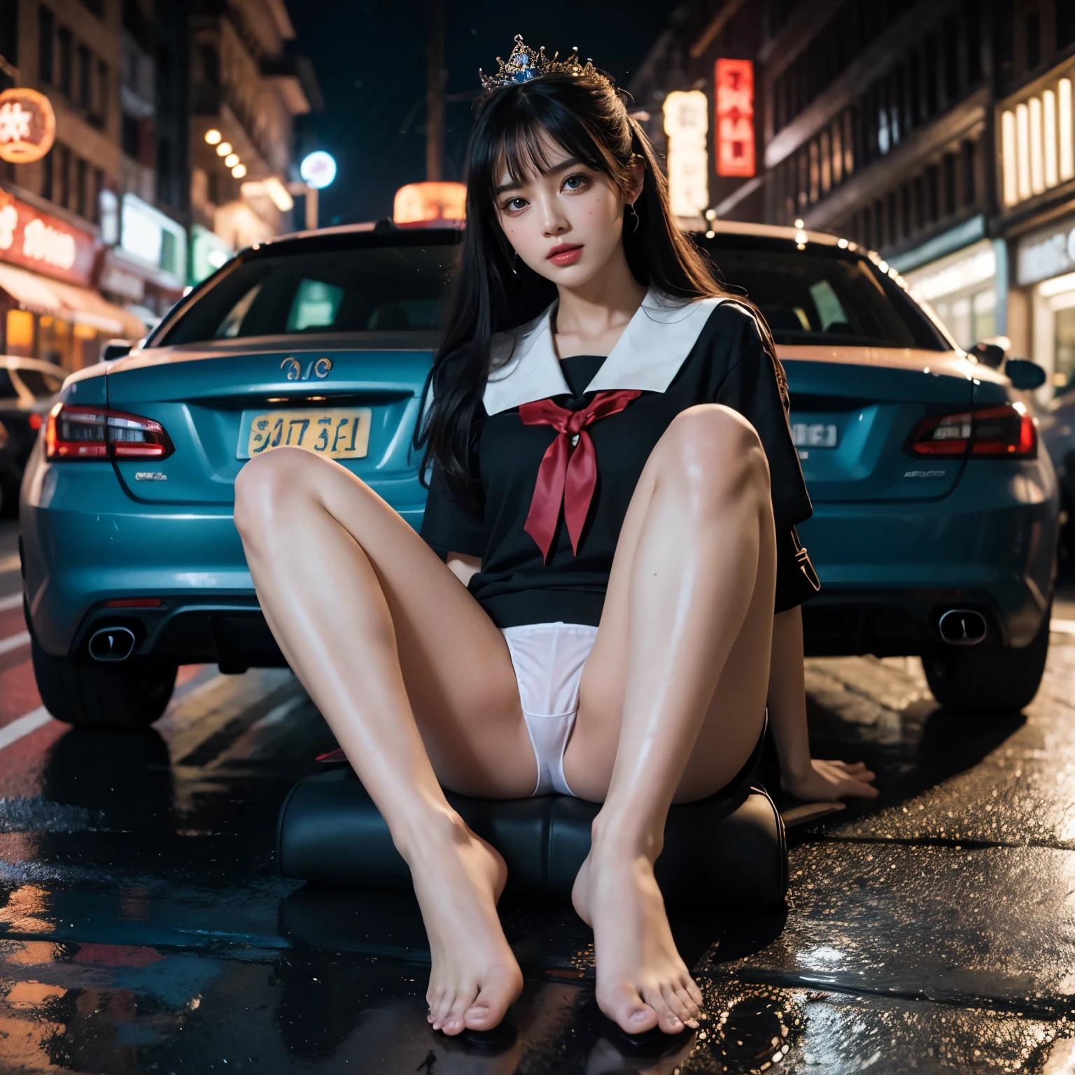 SFW, (Closeup from Crotch to Face) ExtremelyDetailed (SchoolGirl Lean against the Car) Spread Knees Up, perfect face, Brilliant(Tiny Crown), Detailed(Delicate Clothing textures) Sailor Uniform with Red Ribbon (((WhitePanties))), PerfectHand with Childish 4Fingers and one Thumb, Corrected Leg to Foot Line, ((Starry Colorful Lights at Dusk City)) ((Specular Reflection:1.32)Shiny Wet Road)Shiny Cars, ((Hidden Arm) Hidden Sole) Red[High-Heels], TopQuality 8K Ultra-detailed masterpiece (ProfessionalPhoto:1.37)(Acutance:0.8)