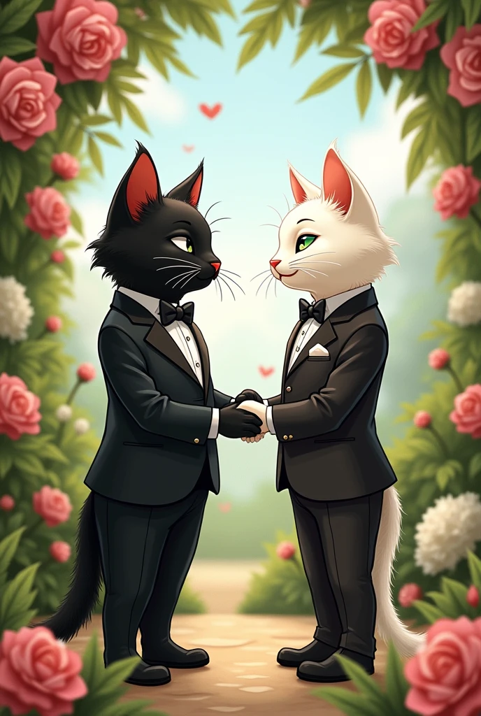 Of male cats, one black and one white, getting married in a suit 