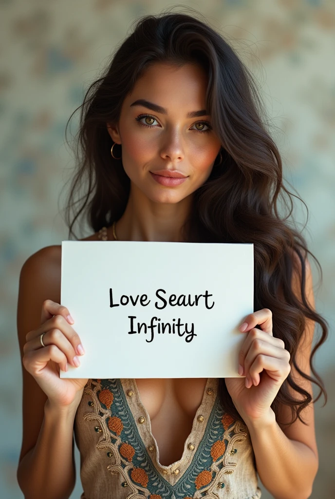 Beautiful girl with wavy long hair, bohemian dress, holding a white board with text "I Love Seaart Infinity" and showing it to the viewer