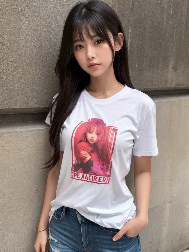 very skinny , long hair , teen caucásico girl max caulfield ,large eyes ,shallow depth of field ,
blurry, red lips, brown hair , , , soft skin, , expressive eyes ,
, , long sleeve red t-shirt, jens pants , park