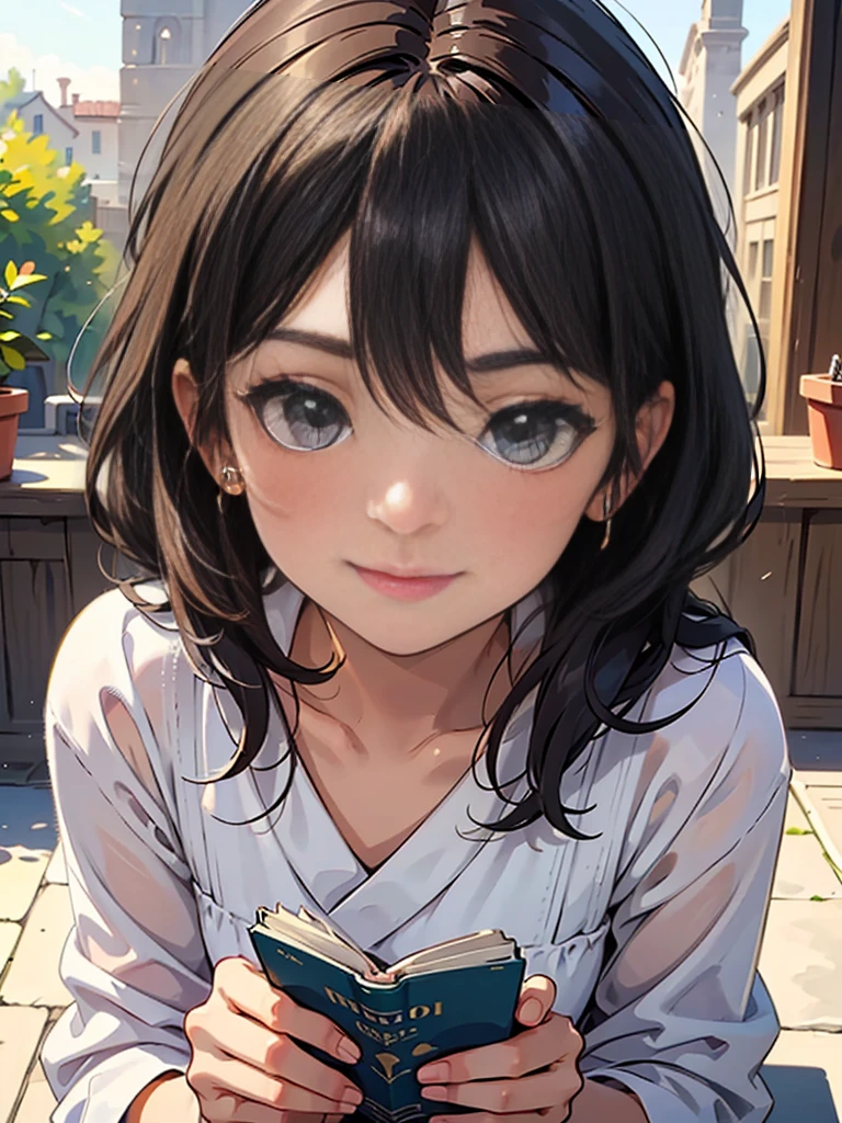 Cute Puppy. Beautiful puppy. Cute Puppy. Portrait of a woman in a white dress, Holding a book with delicate hands, Expressing beauty and strength. Detailed portrait of an indigenous woman drawn in cartoon style, With beautiful eyes, Quick brushstrokes and vibrant colors. Cute Puppy. Beautiful puppy. Cute Puppyの傑作, Has red and white fur. Italian girl posing, Detailed face, Black Hair, An athletic body, Wearing red flannel and jeans. Soft Hair, Smile, Cute Italian.