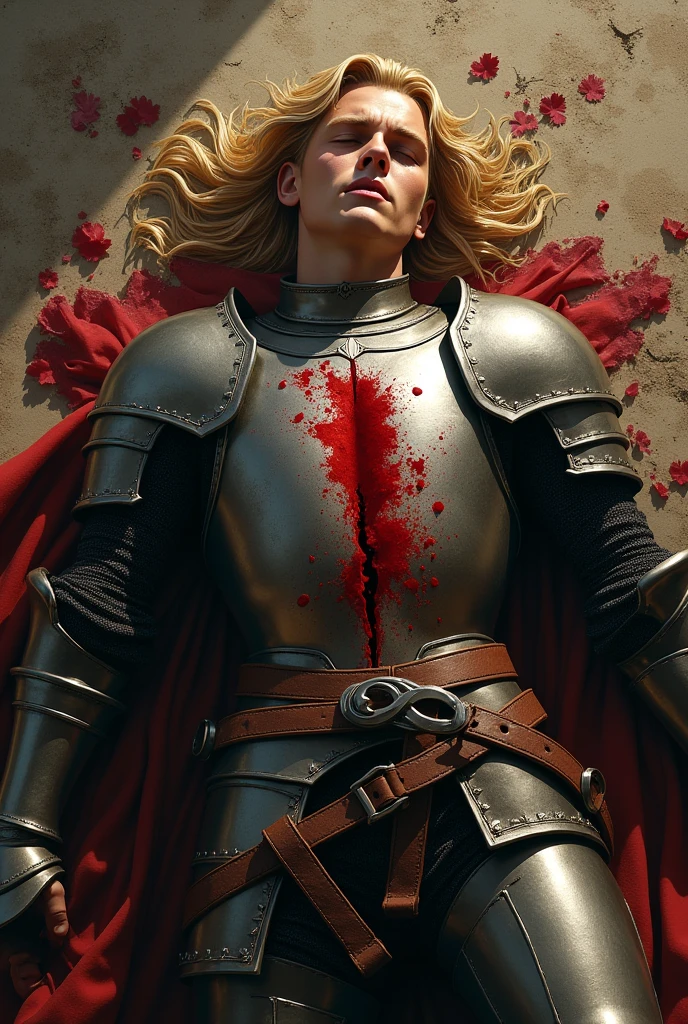 Handsome 18 year old man with blond hair who is a knight who got stabbed in the chest and he bled out