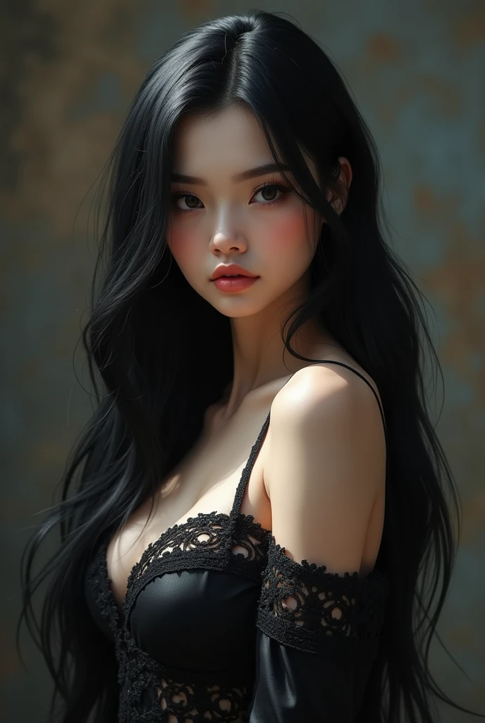((Masterpiece)) ((best quality)) ((ultra-detailed )) ((ultra sharp)) ((4k)).A girl with long black hair , black eyes with hourglass shaped build,