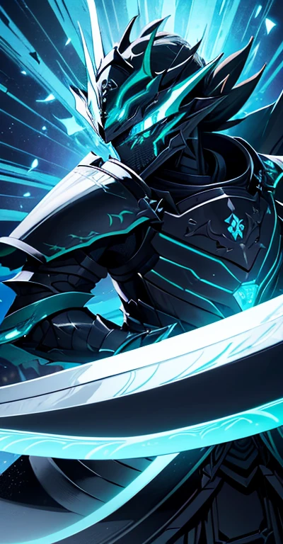 A closeup of a person in armor with a sword, genshin impact keqing, Dragon Knight, black mirrored armor, Masamune Shiro, Ancient Dragon Full Plate Armor, with sleek black armor, ice green and black armor, dragon portrait, Blue dragon-inspired armor., black armor, shining plate armor, Draconic-looking armor ,Full screen ,Whole body