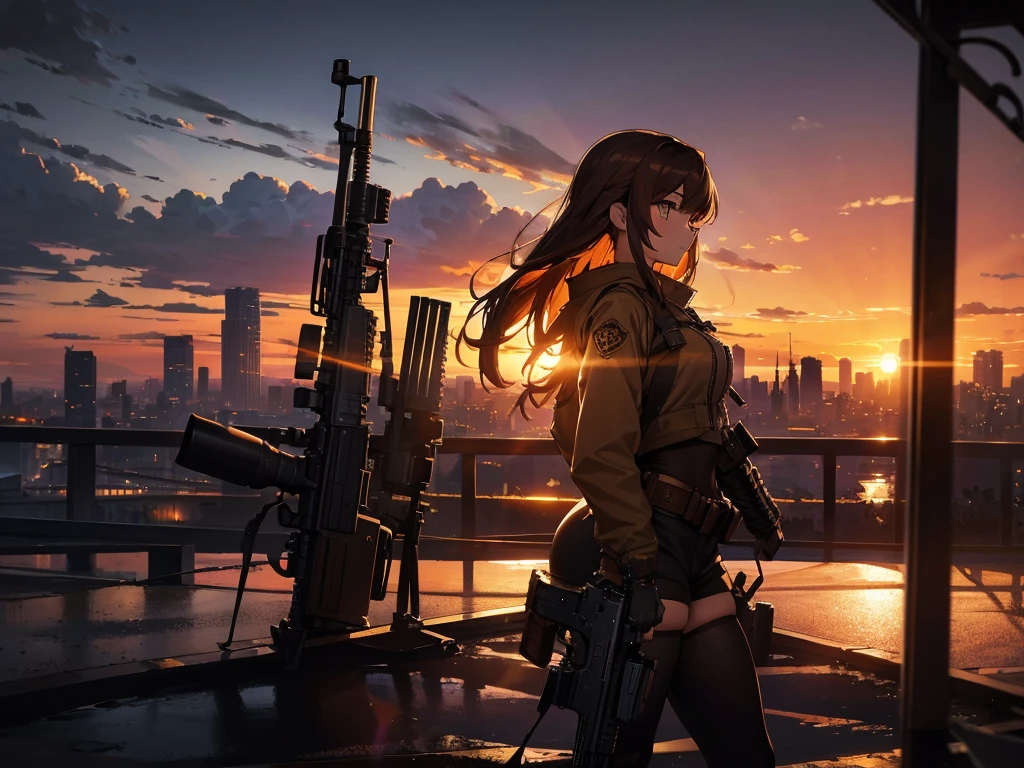 Cityscape, building, Skyline, sunset, Silhouette with cumulonimbus clouds in the background, meditation. Watching the beautiful sunset, sunset時に, sunset時, sunsetとともに, In the sunset, Nice views, Sunset view, With the sunset, sunset時に, During Golden Hour, looking sunset時に, Sunset in the background, Watching the sunset, In the spotlight, holding_gun, assault_rifle, Very detailed, Brown Hair, Long Hair, Anime Style, whole body, alone, Stylish Gunfighter Girl, Holding a steampunk long barrel pistol, The background is a dark and desolate landscape, Horror movie atmosphere. Her figure is very beautiful, Emphasizing the dark and crazy elements. Skillfully expressing the effects of light and shadow, Anime girls with guns and rifles, from Girls&#39; Frontline