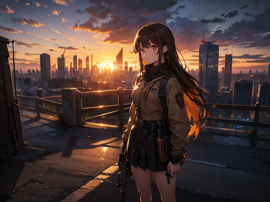Cityscape, building, Skyline, sunset, Silhouette with cumulonimbus clouds in the background, meditation. Watching the beautiful sunset, sunset時に, sunset時, sunsetとともに, In the sunset, Nice views, Sunset view, With the sunset, sunset時に, During Golden Hour, looking sunset時に, Sunset in the background, Watching the sunset, In the spotlight, holding_gun, assault_rifle, Very detailed, Brown Hair, Long Hair, Anime Style, whole body, alone, Stylish Gunfighter Girl, Holding a steampunk long barrel pistol, The background is a dark and desolate landscape, Horror movie atmosphere. Her figure is very beautiful, Emphasizing the dark and crazy elements. Skillfully expressing the effects of light and shadow, Anime girls with guns and rifles, from Girls' Frontline