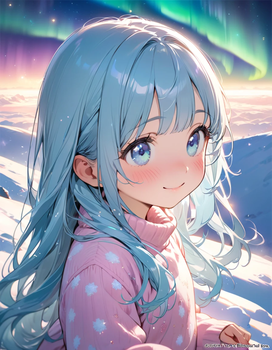 masterpiece, best quality, extremely detailed, (illustration, official art:1.1), 1 girl ,(((( light blue long hair)))), ,(((( light blue long hair)))),light blue hair, , long hair ((blush)) , cute face, closed eyes, smile,, masterpiece, best quality,(((((a very delicate and beautiful girl))))),Amazing,beautiful detailed eyes,blunt bangs((((little delicate girl)))),tareme(true beautiful:1.2), sense of depth,dynamic angle,,,, affectionate smile, (true beautiful:1.2),,(tiny 1girl model:1.2),)masutepiece、One girl、Winter gear、Antarctic base、Looking up at the Northern Lights. She wears a leopardprint sweater, pink skirt, and blue boots. SPARKLE; GLITTER