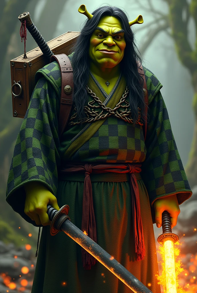 Shrek, with a black and green checkered Japanese kimono, long black hair with red, a katana with fire in hand, a wooden box on the back
