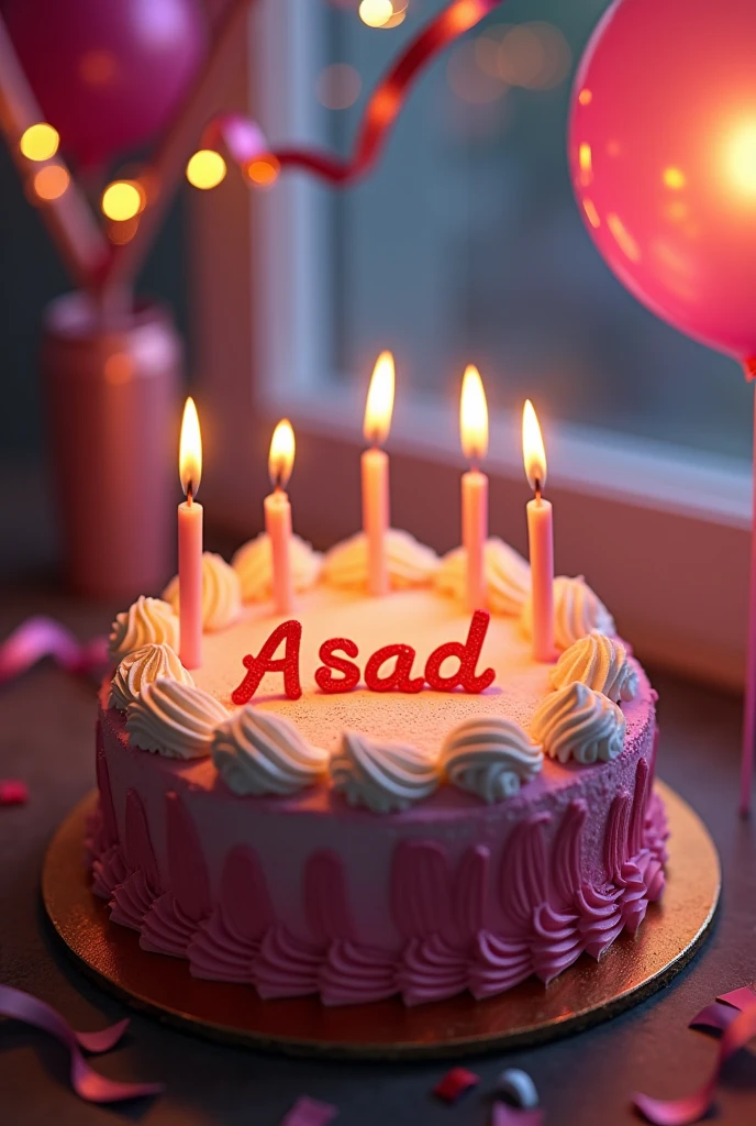 "Create an image of a beautifully decorated birthday cake with 'Asad' written on it. The cake should have realistic details, like rich frosting, vibrant candles, and a festive atmosphere. The setting should give off celebratory vibes, with some light decorations in the background to enhance the scene