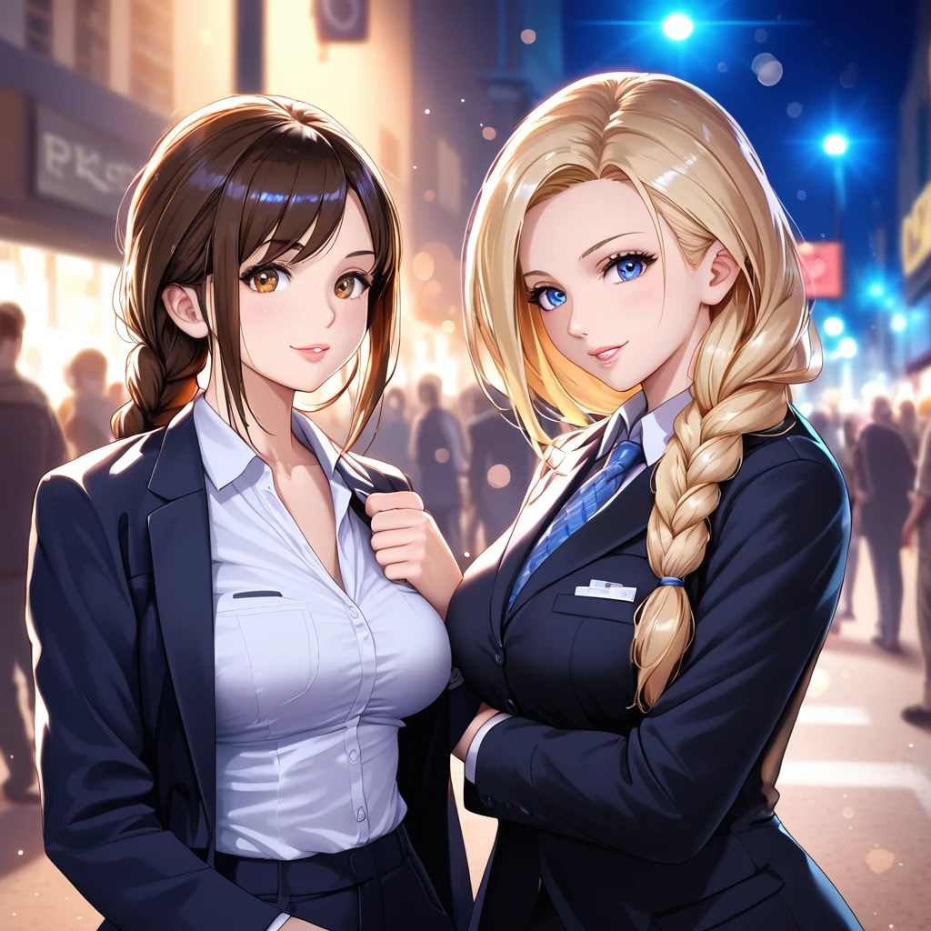 best quality, Reality, 1 Girl, Miss,(Skin Indentation), Medium breasts, (bright), (Professional lighting, Bokeh), (street), people, crowd, Braided Bangs, (Women's shirts:1.5), (Wear:0.8), Gorgeous, bloom, Flowing hair, (Dynamic poses:0.6) , Soft lighting,