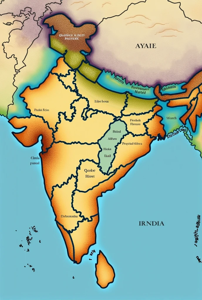 Make map of india ans shw malwa plateau, aravali hills, ganga river, bihar, peninsular plateau and malwa plateau