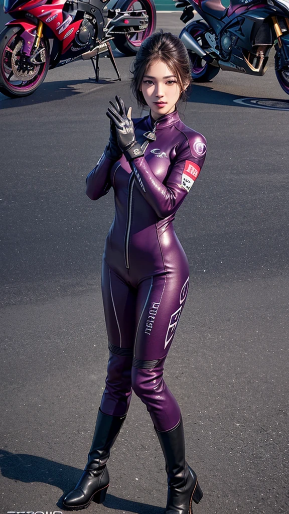 (Realistic:1.5), 8k, Super delicate beauty, 1 girl, Intricate body details, (short: 1.3), (Highest quality: 1.0), (Super sharp cutting edge: 1.0),(Beautiful and delicate depiction of eyes),Unreal Engine:1.4, photoRealistic:1.4, Skin Texture:1.4, masterpiece:1.8,Highest quality、smile、Long limbs、、(((motorcycle racing outフィット)))、(((Wearing a dark plum colored racing leather suit with many sponsor logos))、(((blackhead 長い hair))),((Wearing racing leather gloves that cover the fingers and wrists、Racing leather boots)))、((Standing pose with legs extremely crossed)),Full body shot