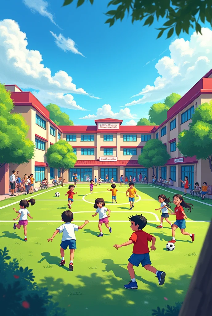 Drawing of a school showing fun, learning and football