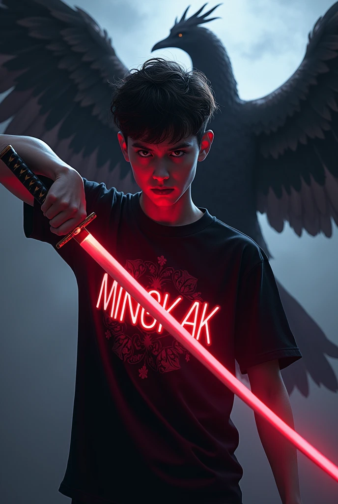 create high quality realistic images, a 20 year old boy wearing a black t-shirt with his name “MINGKAK” written boldly with a neon effect, the boy holds a samurai in his hand, the background is very dark, where is the aggressive image of the phoenix bird, the environment is pale.