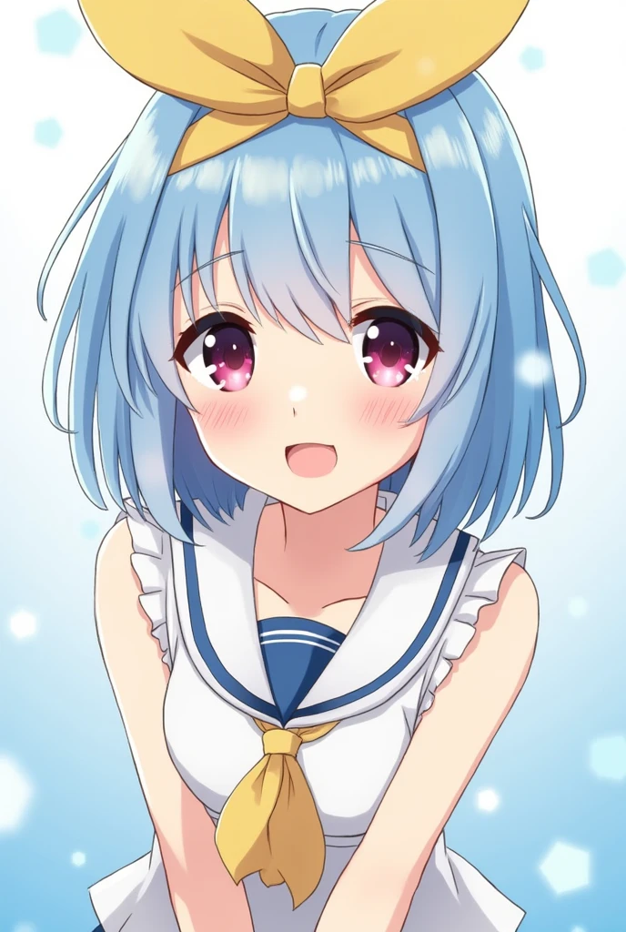 anime girl with short light blue hair with a yellow bow and dark pink eyes