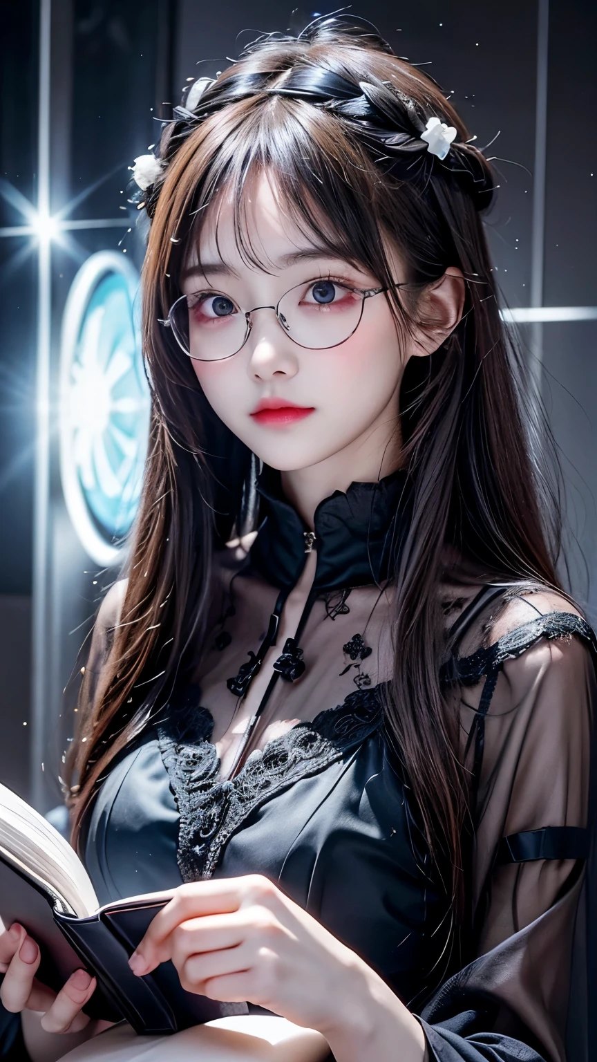 Young woman,Floats on a book,Mathematical Formulas,one pair of glasses,HD lighting and darkness )(Epic image quality)dark atmosphere with bright light particles(Lots of effects in the background,Background formula.emptiness,black hole,score_9,score_8_up,score_7_up,Shine,Clear drawing of details,Maxim of Details,Dark Concept,Thinks,Dreams,masterpiece,Dressed in Light Cute Clothes,Attractive,ultra detail,a mystic,Image of the Goddess of Thought