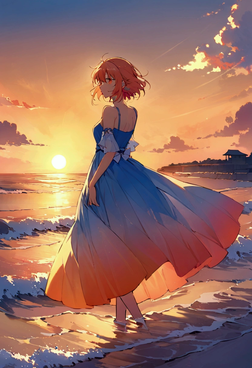 Imaginez une image d'une plage au coucher du soleil. The sky is bathed in warm shades of orange and pink, sun rise,Create beautiful color gradients. The ocean waves gently lick the sand, short hair,blue dress,Reflecting the last rays of the sun. Des palmiers sebalancent doucement dans la brise, Adding tranquility to the scene. It is a peaceful painting that evokes a deep sense of serenity and natural beauty.。.