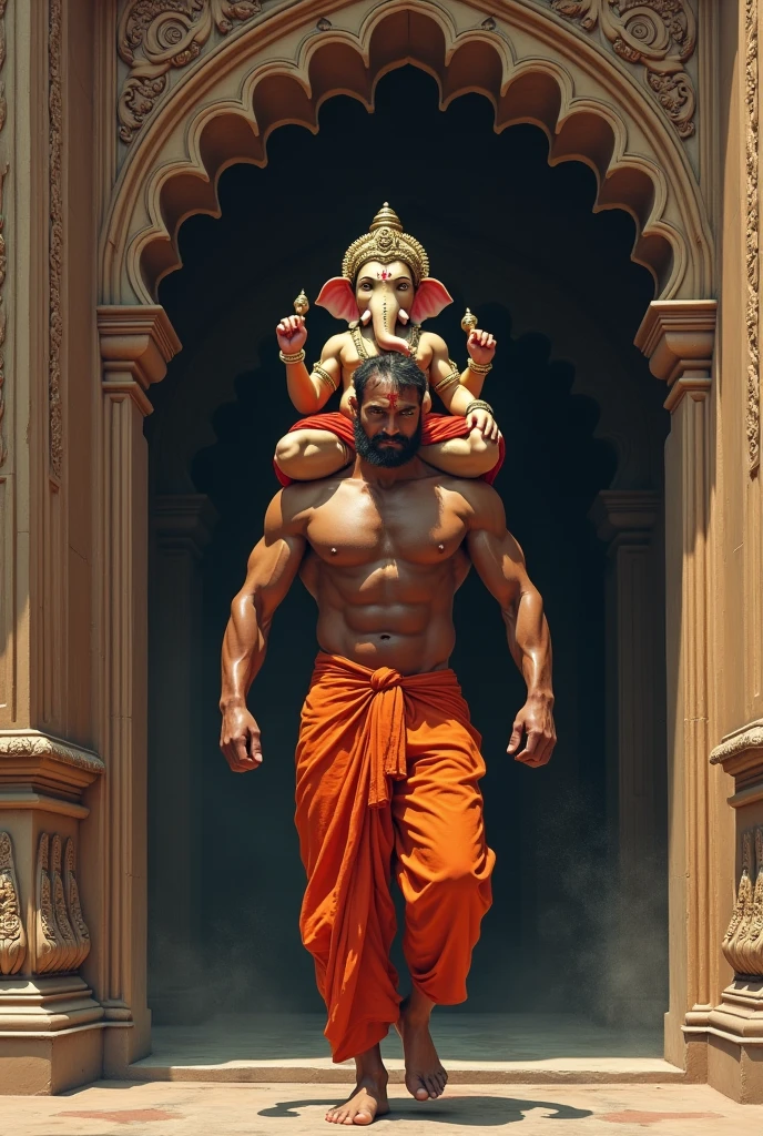 A hindu bodybuildertaking ganapati murty in Muslims darga way