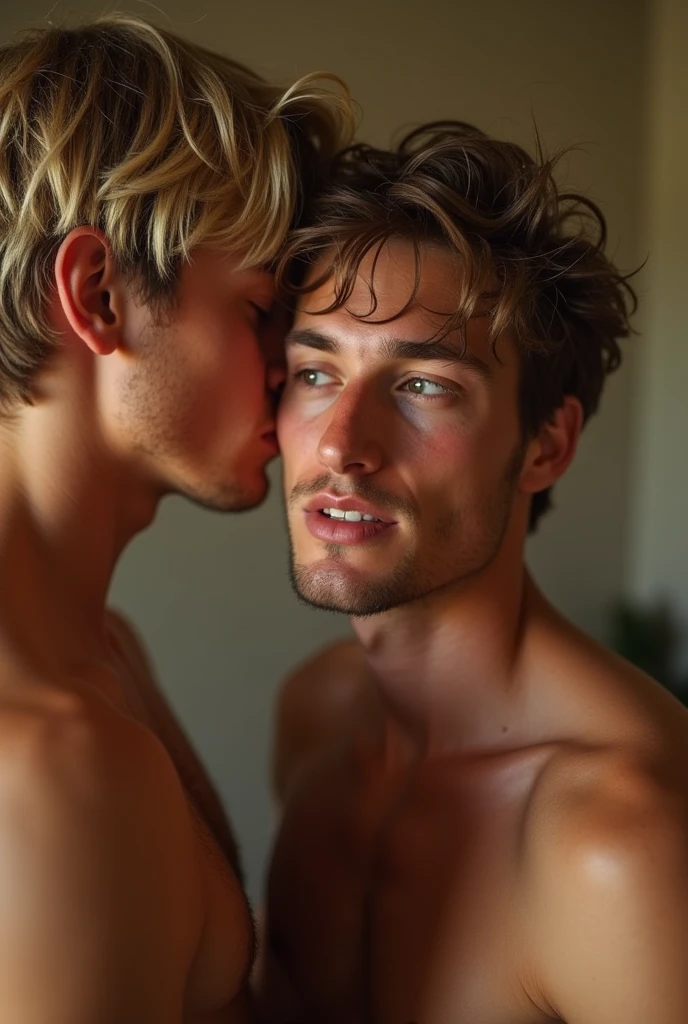 Handsome 18 year old man with blond hair who is a is having sex with another man
