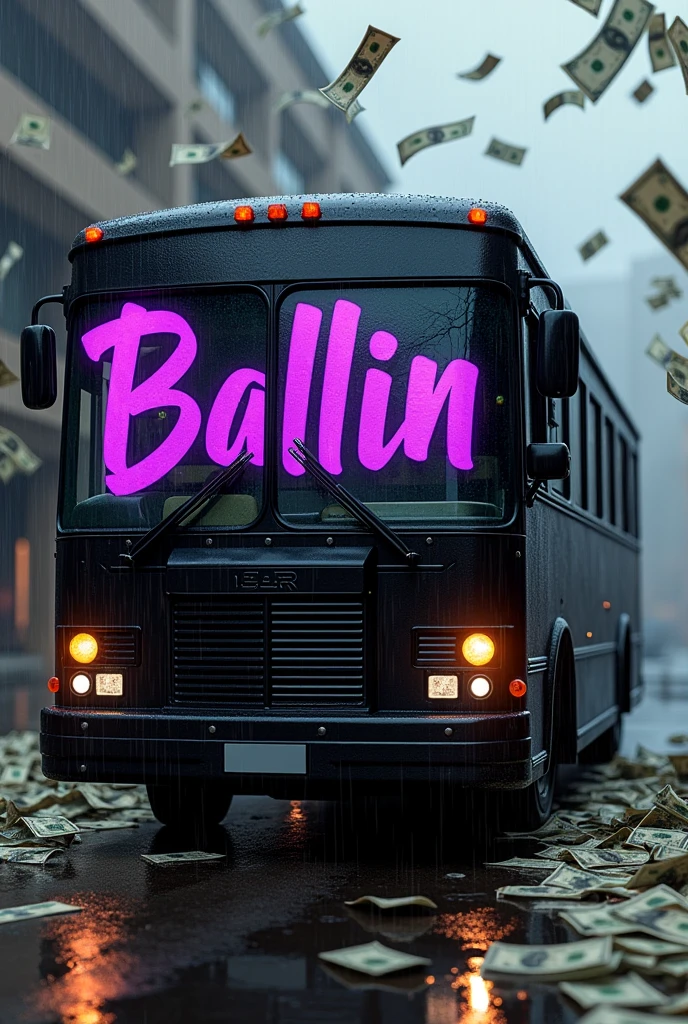 Black bus with Ballin written in purple with graffiti lettering ,raining money