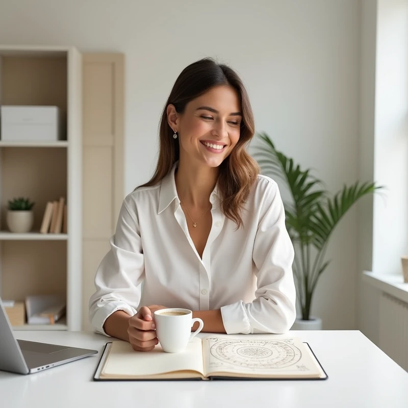 Create an image of a 37 year old woman smiling and confident, reading your numerology chart, with a cup of coffee next to it. The setting could be a simple and organized work desk, with neutral colors like white and beige, conveying surprise accessibility, Joy and confidence.