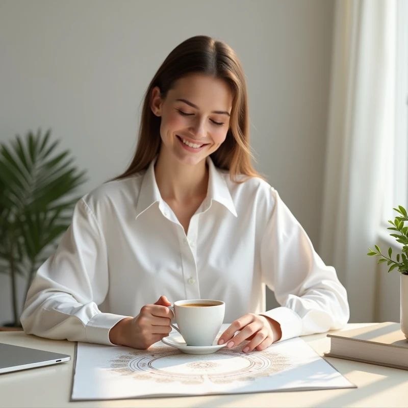 Create an image of a 37 year old woman smiling and confident, reading your numerology chart, with a cup of coffee next to it. The setting could be a simple and organized work desk, with neutral colors like white and beige, conveying surprise accessibility, Joy and confidence.
