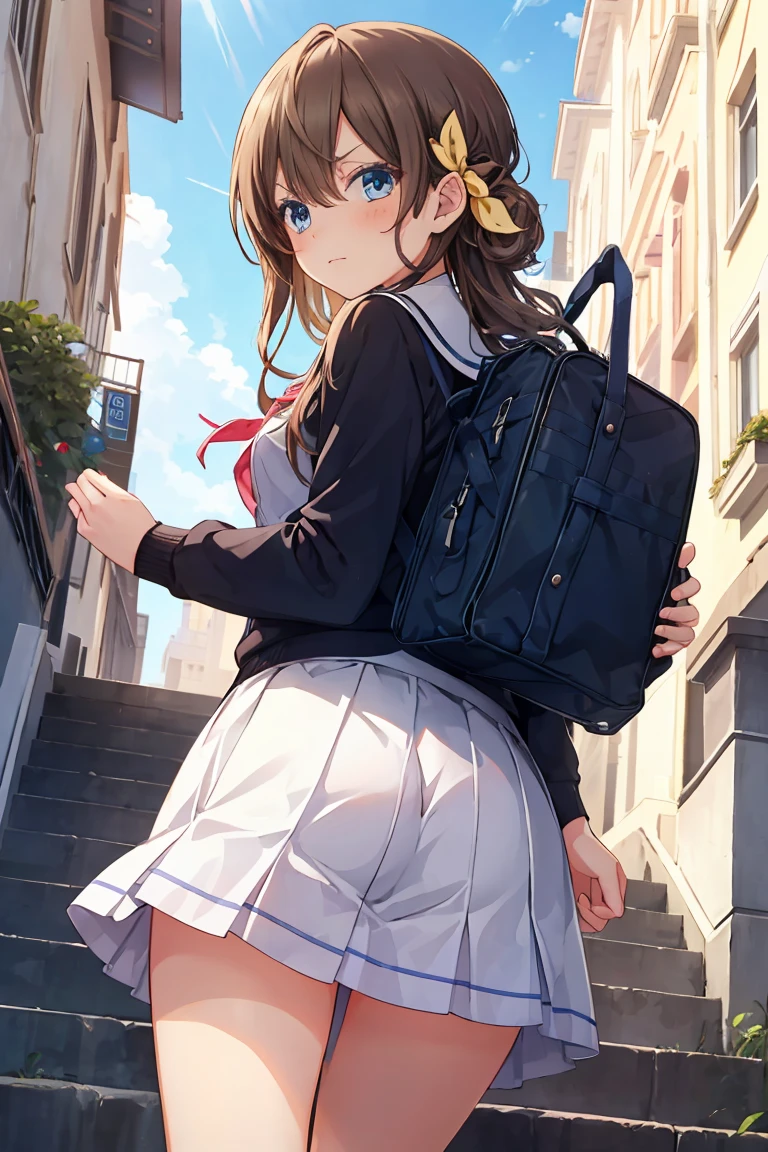 animese anime girl in skirt and blouse with suitcase walking up the stairs, 1girl, stairs, skirt, long hair,angry,blush, looking at viewer, looking back, bag, solo, grey skirt, school uniform, pleated skirt,covering ass, from behind, blush, long sleeves, bangs, school bag,((low angle from below)),(Cover your buttocks with your hands),full body