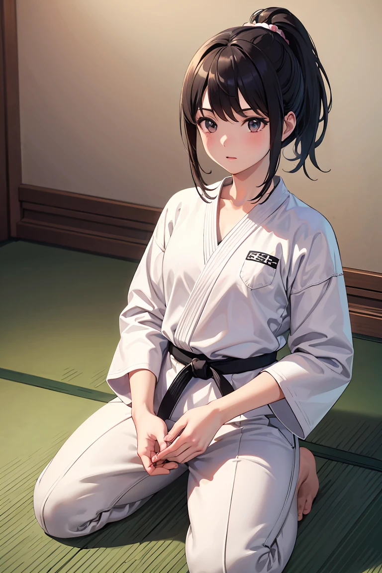 ((masterpiece, Highest quality, Very detailed, Very nice 8K CG wallpaper)), One girl, alone, Small breasts, Medium Hair, Black Hair, ponytail, Iris, Daugi, Long sleeve, Martial arts belt, White pants, barefoot, dojo, Sitting, seiza, Nice hands, Perfect hands,