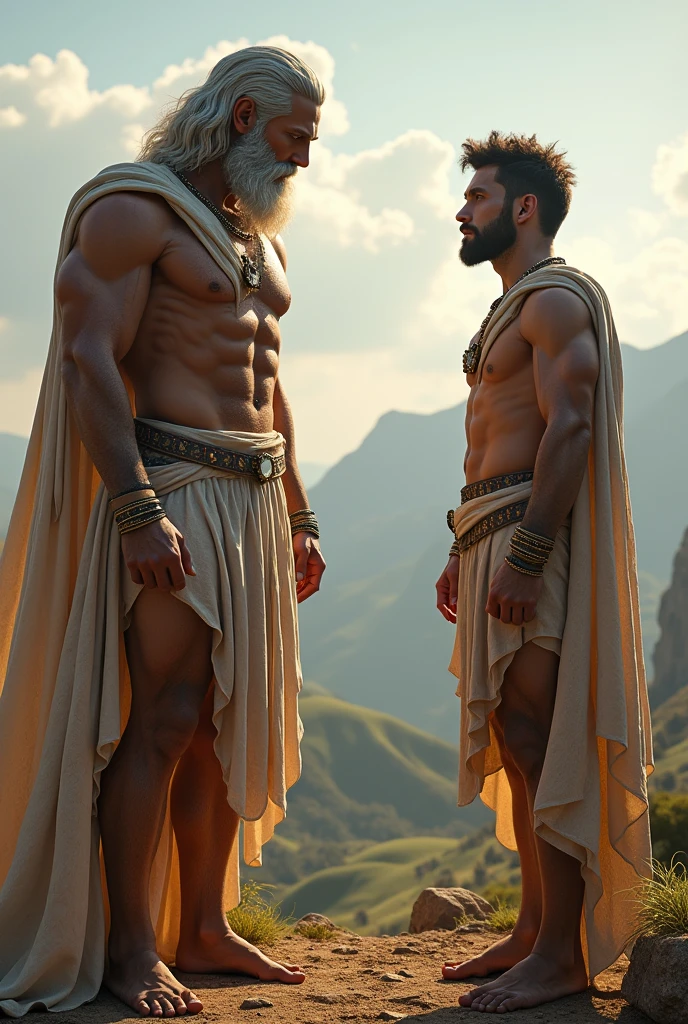 Characters: Prometheus - Description: Prometheus - Epoch: Greek Antiquity - Clothing: Greek Tunic and Sandals - Place: Ancient Greece - Action: Prometheus Presentation - Background: Ancient Greece - Map: Zeus Close-up - Style: hyper-realistic, Photo realism, cinematography