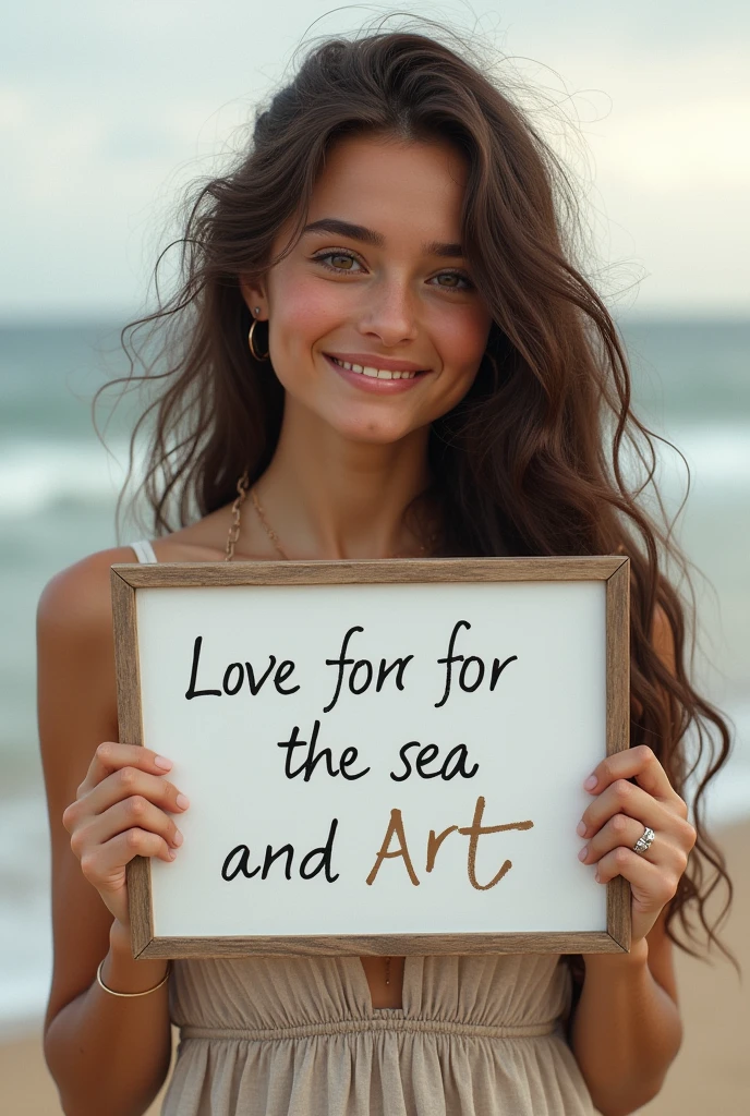 Beautiful girl with wavy long hair, bohemian dress, holding a white board with text "I Love Seaart Infinity" and showing it to the viewer