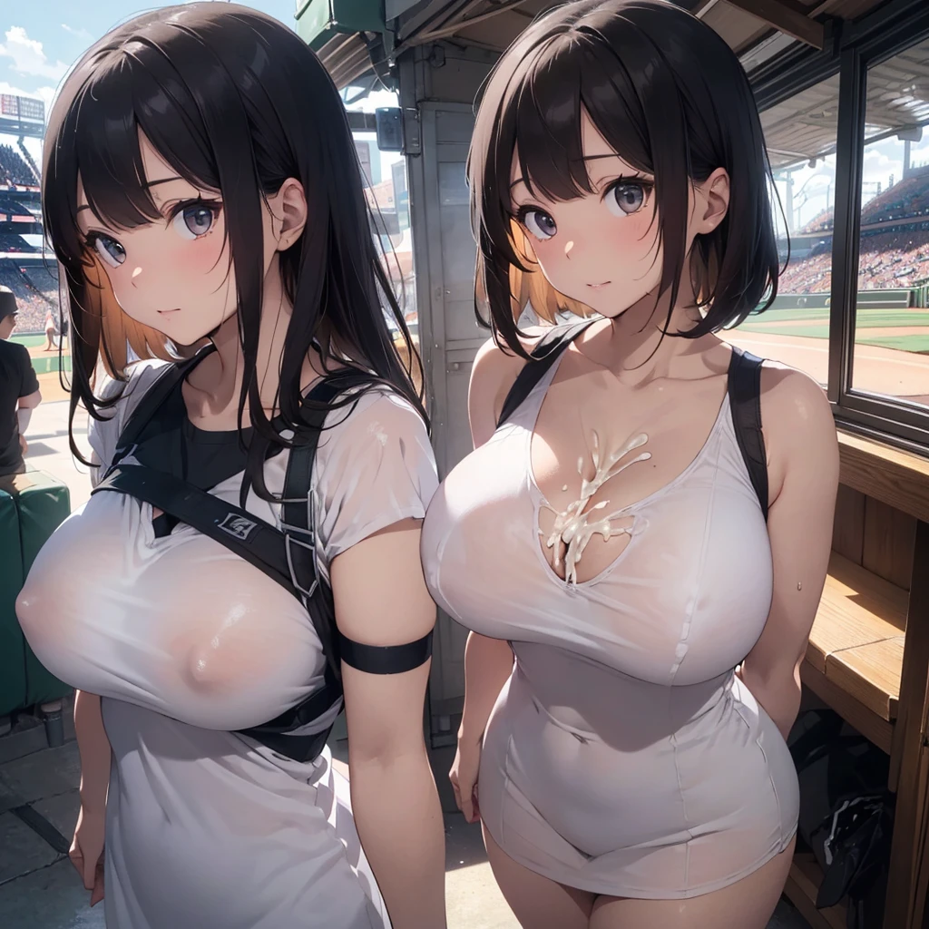 2lady(different hair style), ((ultra-quality)), (Bukkake:1.5), (side view), (profile), (from side), (side colossal tit:1.6), (in 8K), (arms behind back:1.5), (arms are down), ultla highres, Hyper Detailed, High contrast, Ultrafine Strike, creative refinement, absurdres, Realistic, extremely detailed CG unified 8k wallpaper, Highly detailed, High-definition raw color photos, professional photograpy, Realistic portrait, Cinematic Light, Beautiful detailed, 28 years old woman, (realistic skin:1.3), (shiny skin), (Best Quality:1.4), Super Detail, High quality, master piece, lifelike, (After SEX), Bukkake, Perfect face, (cum on chest:1.5), (Bukkake:1.5), (covered by lot of cum:1.3), (Sharp Focus), (upper body), (close up), Delicate Beautiful Hair and Eyes and Face, Delicate eyes, radiant eyes, Lifelike, Hyper-detailing, (Silk dress:1.3), (bare shoulder), (sleeveless), (no bra), (covered breasts), (mini skirt), (see-through), (Sheer areola:1.1), (colossal breasts:1.6), (big breasts:1.5), (Beautiful breasts:1.5), (smooth stomach), (covered nipples:1.4), (arms behind back:1.3), Beautiful cute woman, camel-toe details, (SFW), wet clothes, slim body, pale black eyes, (bob cut), (medium hair), (long bangs), (baseball stadium)