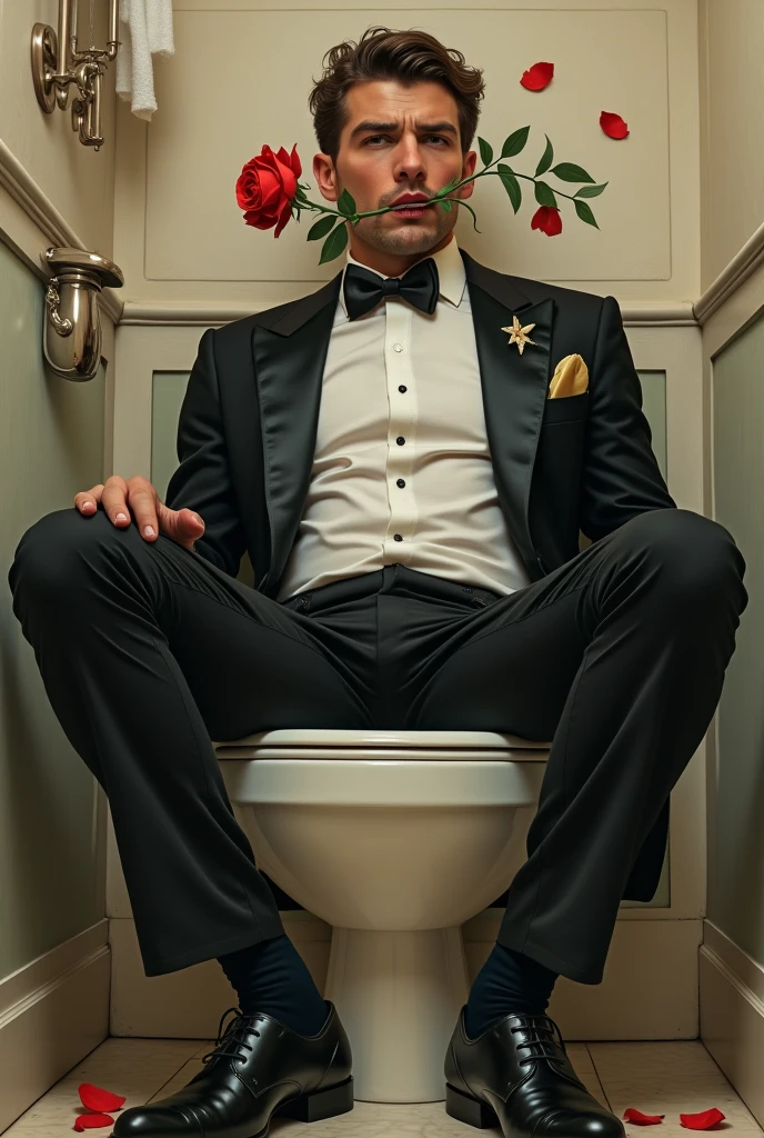 elegant man, with a rose in the mouth. It got stuck in a toilet, with pants down. romantic style