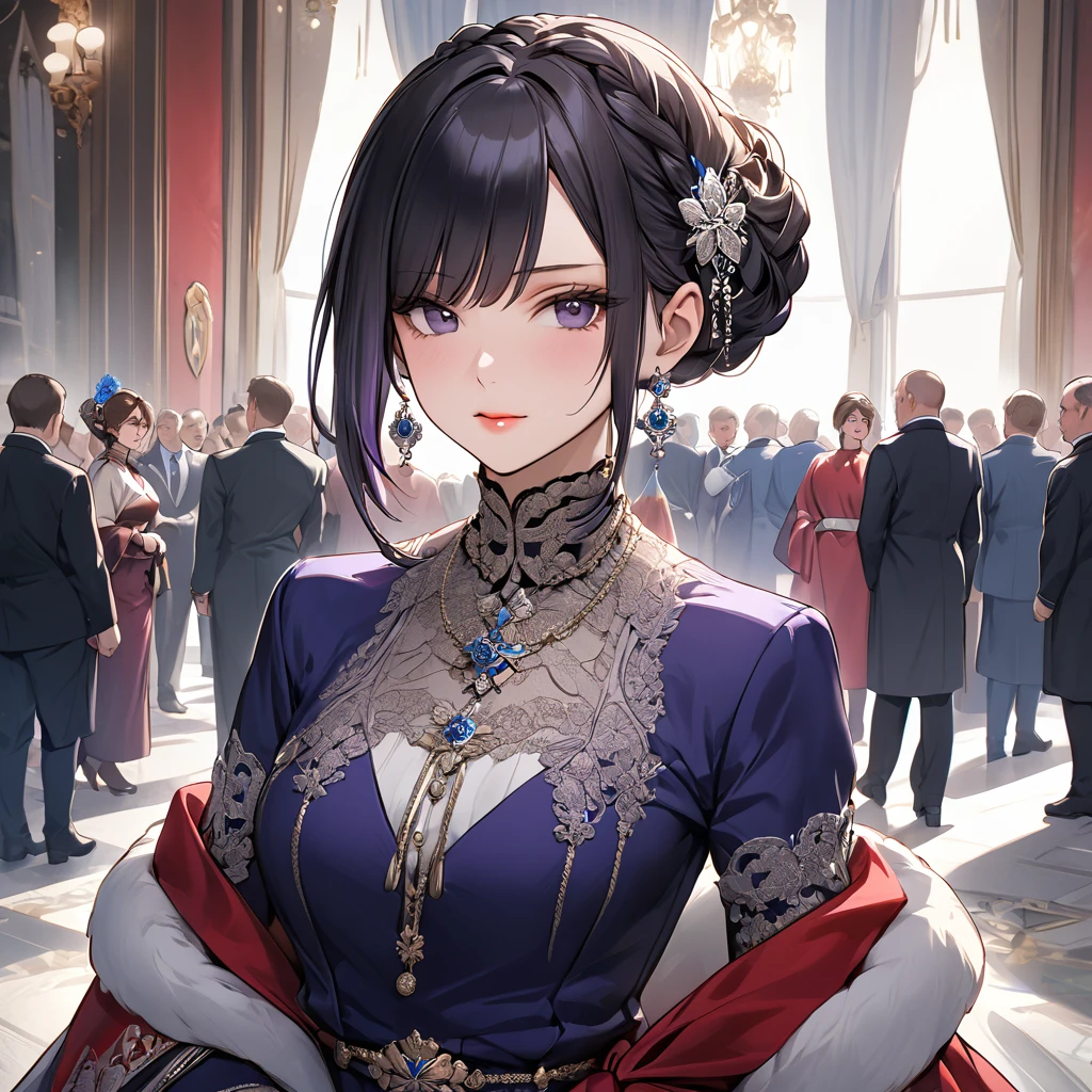 ((Highest quality)), ((masterpiece)), (detailed), (Perfect Face)、The woman is Shinobu Kocho, a Russian with black hair in a purple gradient bob style, tied up in a formal evening hairstyle.、The woman is a member of the United Russia party and is beautifully dressed in the fine attire and luxurious accessories appropriate for a party member.、She is a United Russia member who is dedicated to the cause of a great United Russia, and she deeply respects and worships the leader of the Great Russian Party, a United Russia supremacist.、The woman is following a United Russia official.