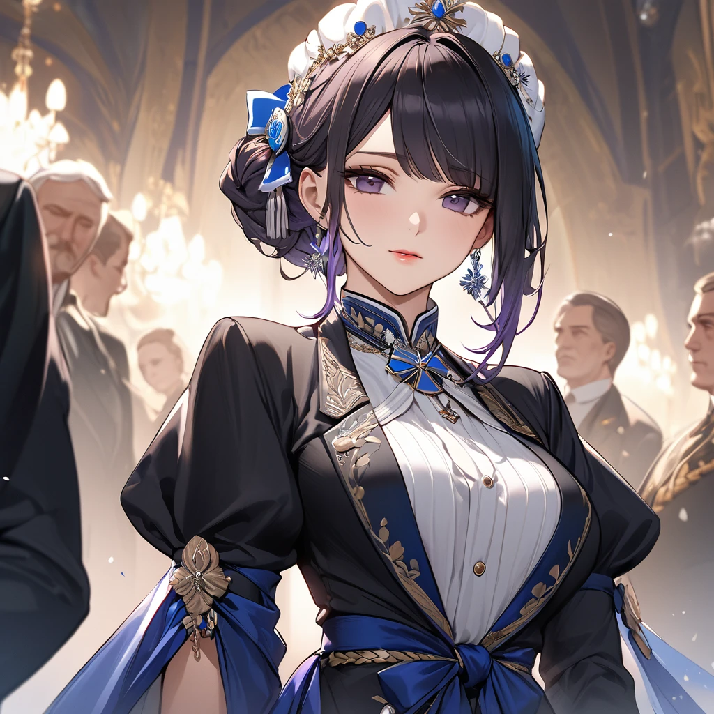 ((Highest quality)), ((masterpiece)), (detailed), （Perfect Face）、The woman is Shinobu Kocho, a Russian with black hair in a purple gradient bob style, tied up in a formal evening hairstyle.、The woman is a member of the United Russia party and is beautifully dressed in the fine attire and luxurious accessories appropriate for a party member.、She is a United Russia member who is dedicated to the cause of a great United Russia, and she deeply respects and worships the leader of the Great Russian Party, a United Russia supremacist.、The woman is following a United Russia official.