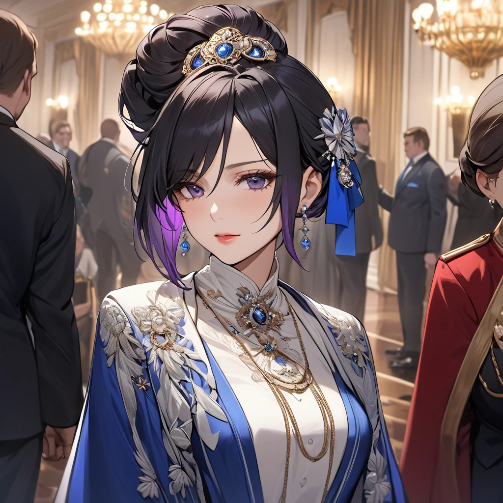 ((Highest quality)), ((masterpiece)), (detailed), (Perfect Face)、The woman is Shinobu Kocho, a Russian with black hair in a purple gradient bob style, tied up in a formal evening hairstyle.、The woman is a member of the United Russia party and is beautifully dressed in the fine attire and luxurious accessories appropriate for a party member.、She is a United Russia member who is dedicated to the cause of a great United Russia, and she deeply respects and worships the leader of the Great Russian Party, a United Russia supremacist.、The woman is following a United Russia official.